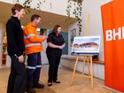 BHP’s Annabelle Blom, Matt Terry and Brooke Wilson with the pavilion design.